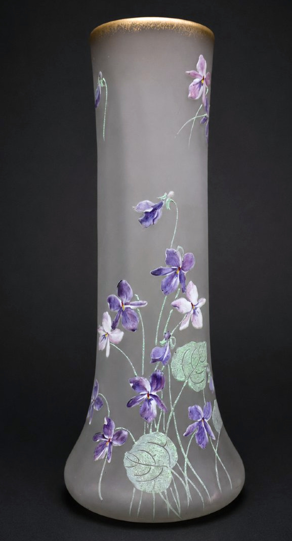 Pair De Vases En Verre Enamelled , Decor De Violettes , Theodore Legras , Givré XIXe Art Nouveau-photo-4