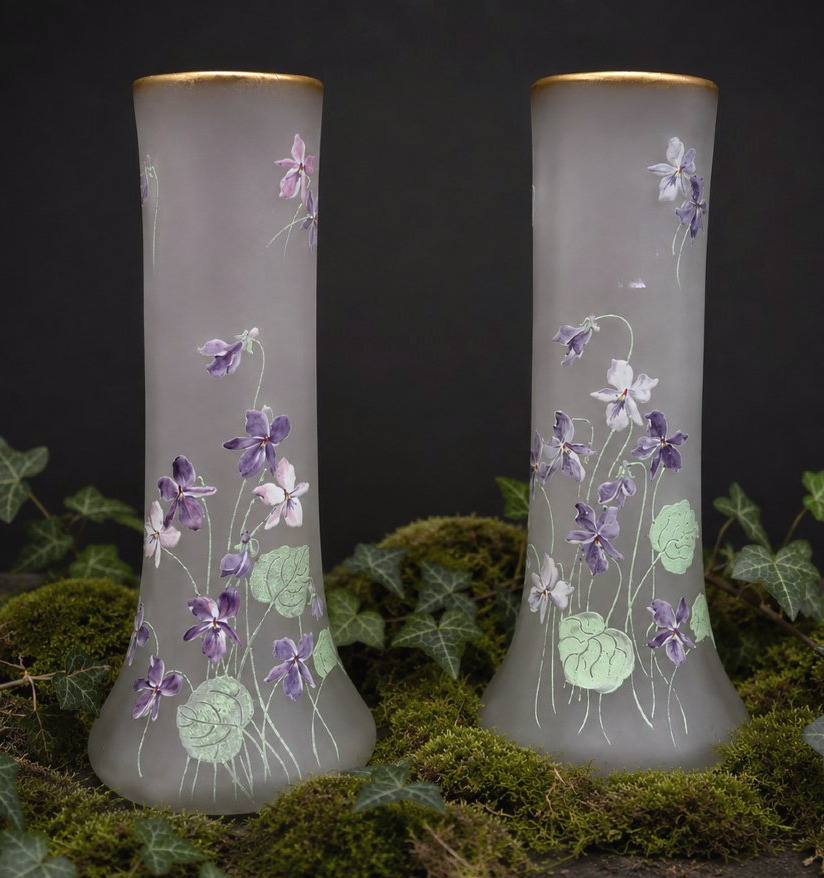 Pair De Vases En Verre Enamelled , Decor De Violettes , Theodore Legras , Givré XIXe Art Nouveau