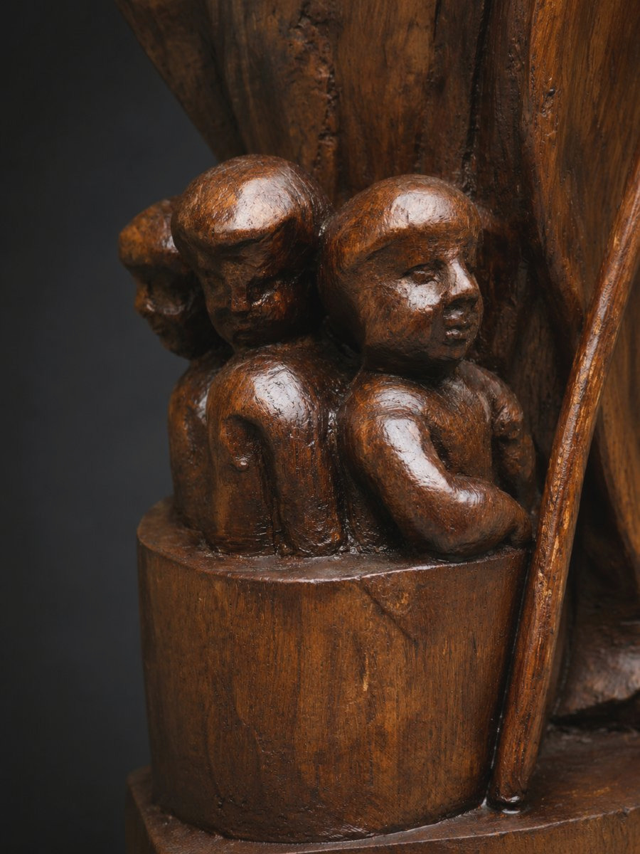 Sculpture Religieuse en Chêne Saint Nicolas , Enfants Au Saloire , Style XVIIIE , Eveque Blason-photo-2