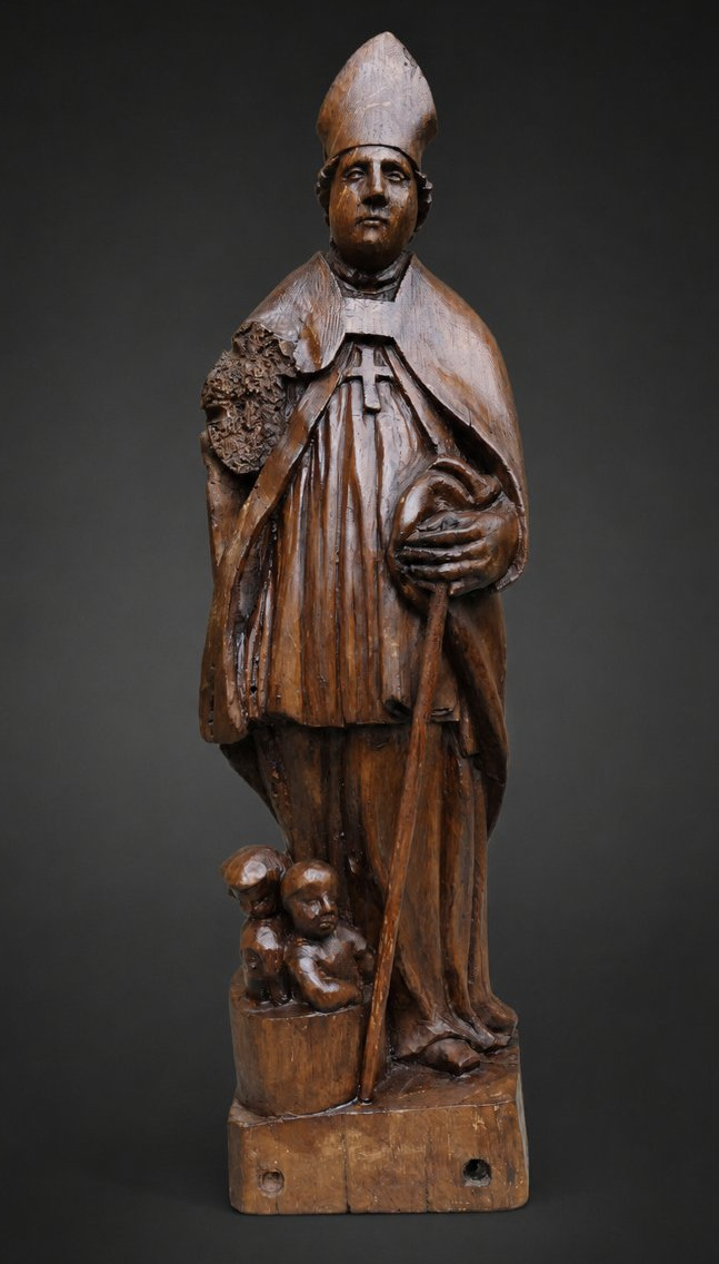 Sculpture Religieuse en Chêne Saint Nicolas , Enfants Au Saloire , Style XVIIIE , Eveque Blason-photo-3
