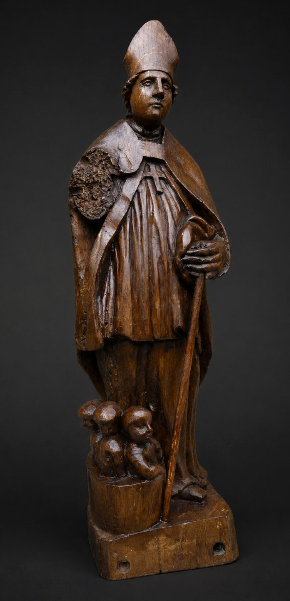 Sculpture Religieuse en Chêne Saint Nicolas , Enfants Au Saloire , Style XVIIIE , Eveque Blason-photo-4
