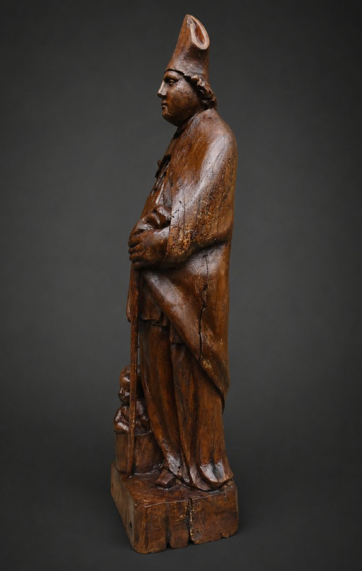 Sculpture Religieuse en Chêne Saint Nicolas , Enfants Au Saloire , Style XVIIIE , Eveque Blason-photo-1