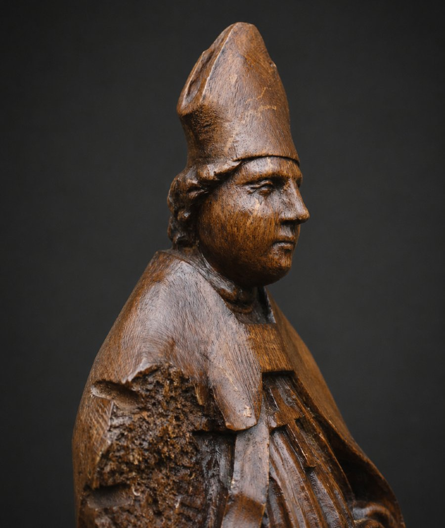Sculpture Religieuse en Chêne Saint Nicolas , Enfants Au Saloire , Style XVIIIE , Eveque Blason-photo-4