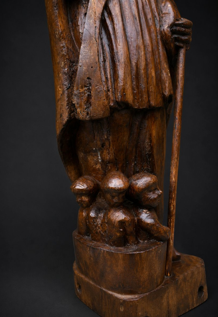 Sculpture Religieuse en Chêne Saint Nicolas , Enfants Au Saloire , Style XVIIIE , Eveque Blason-photo-5
