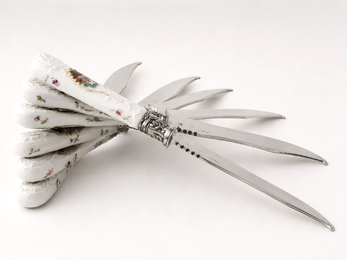 Set Of 6 Fruit Knives Silver Blade German Porcelain Handle Dresden Meissen 19th Century-photo-2