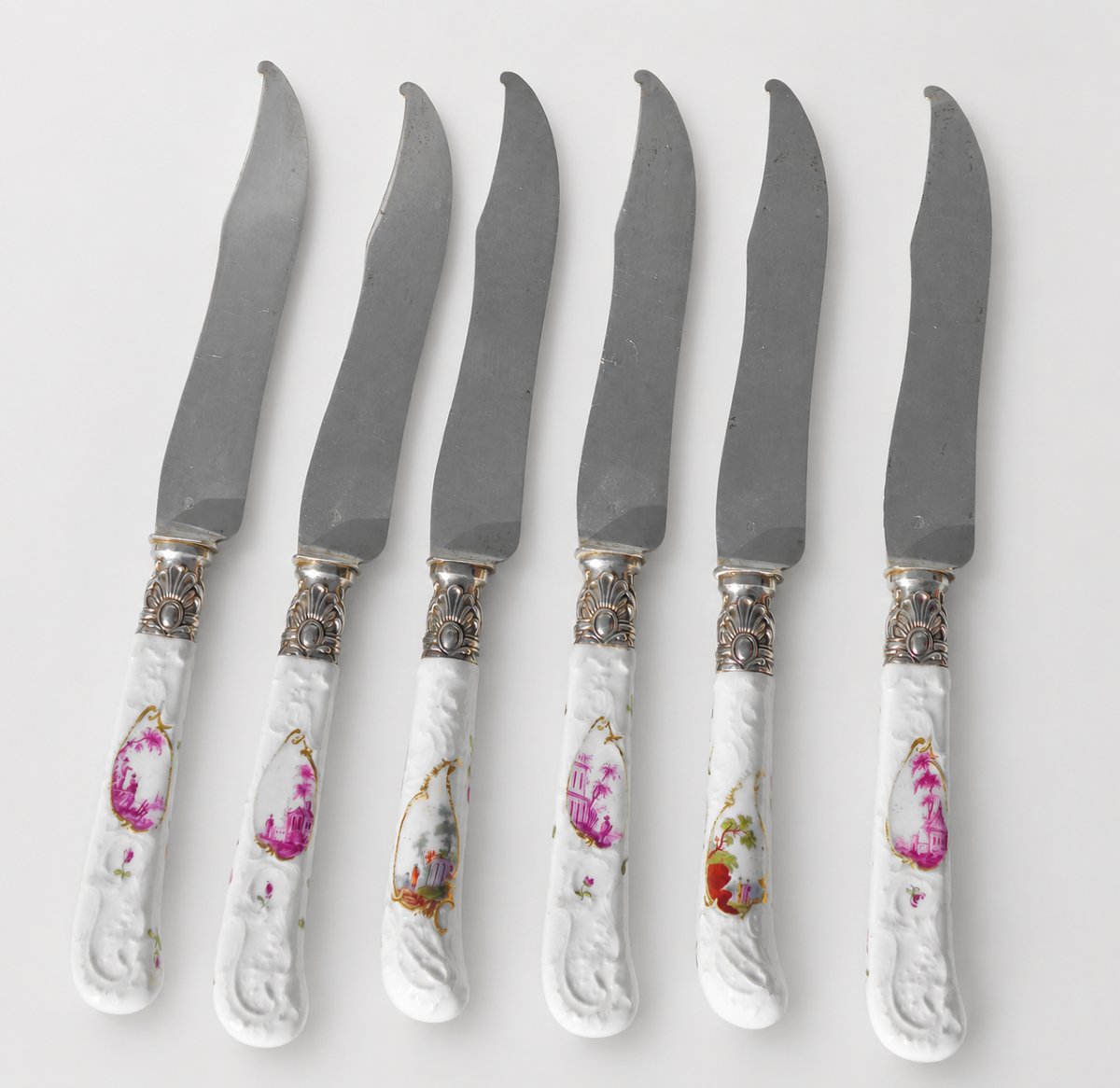 Set Of 6 Fruit Knives Silver Blade German Porcelain Handle Dresden Meissen 19th Century-photo-3