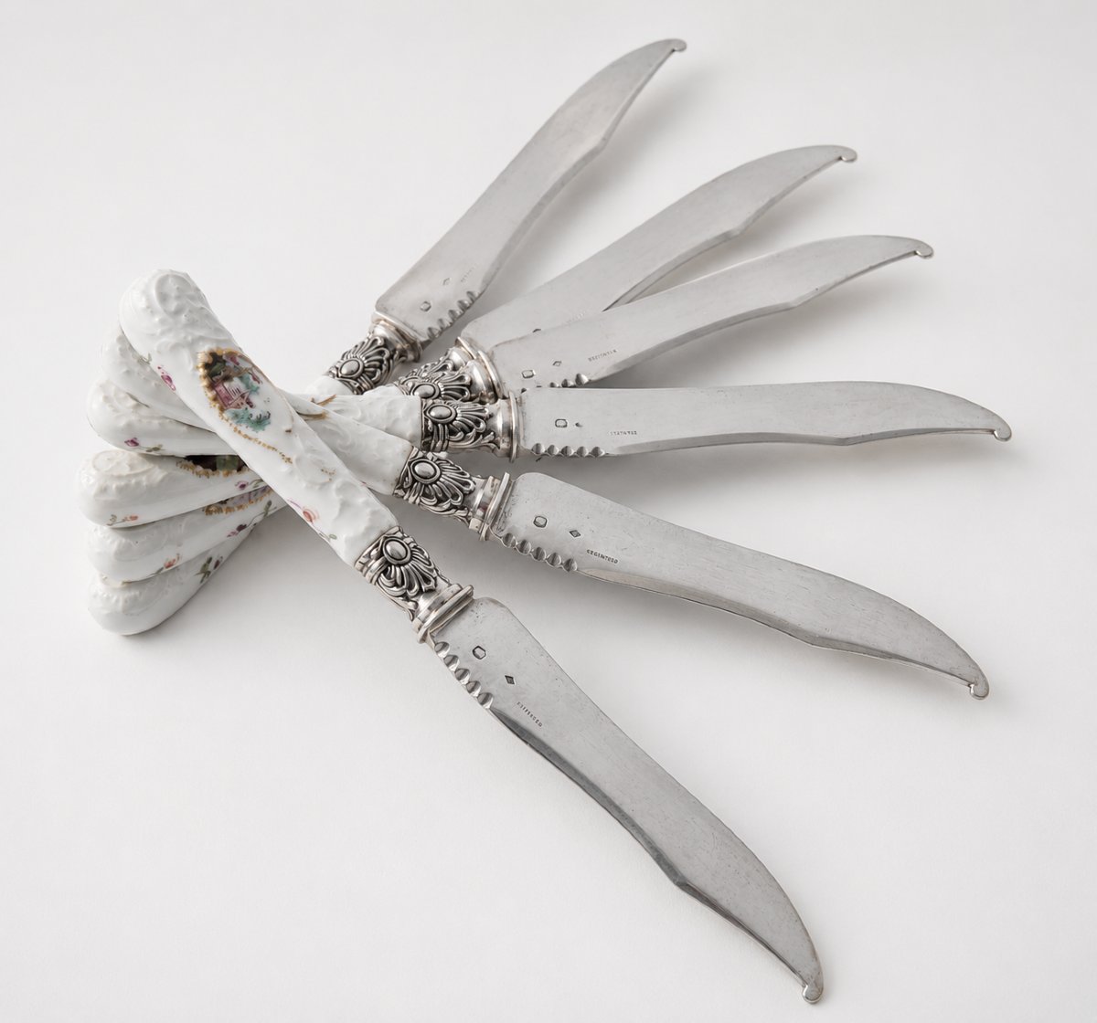 Set Of 6 Fruit Knives Silver Blade German Porcelain Handle Dresden Meissen 19th Century-photo-4