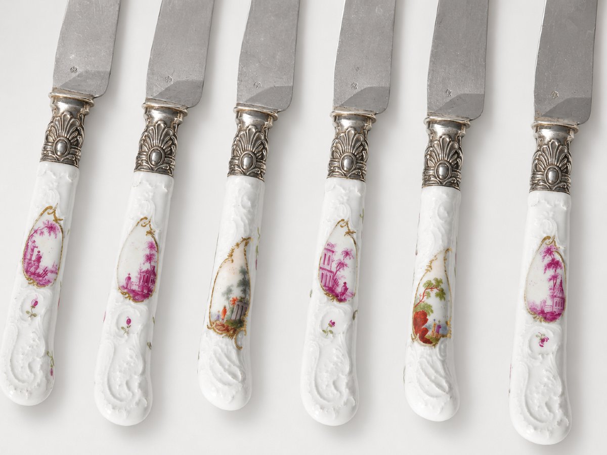Set Of 6 Fruit Knives Silver Blade German Porcelain Handle Dresden Meissen 19th Century-photo-1