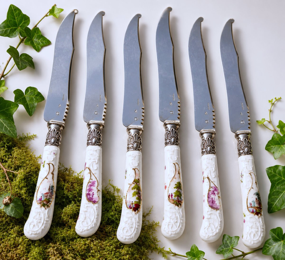 Set Of 6 Fruit Knives Silver Blade German Porcelain Handle Dresden Meissen 19th Century