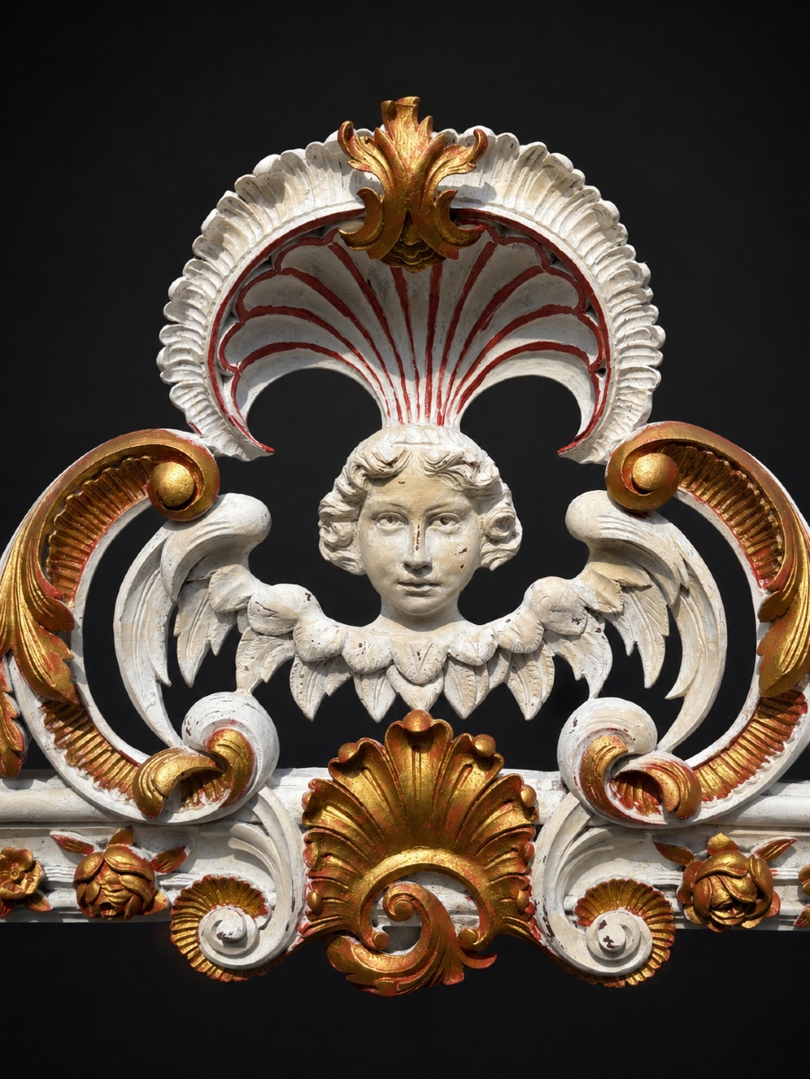 Large Sculpted Mirror With Antique-finished Wood, 18th-century Baroque Style, Children's Angel, Napoleon III Angel-photo-2