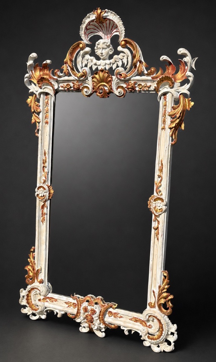 Large Sculpted Mirror With Antique-finished Wood, 18th-century Baroque Style, Children's Angel, Napoleon III Angel