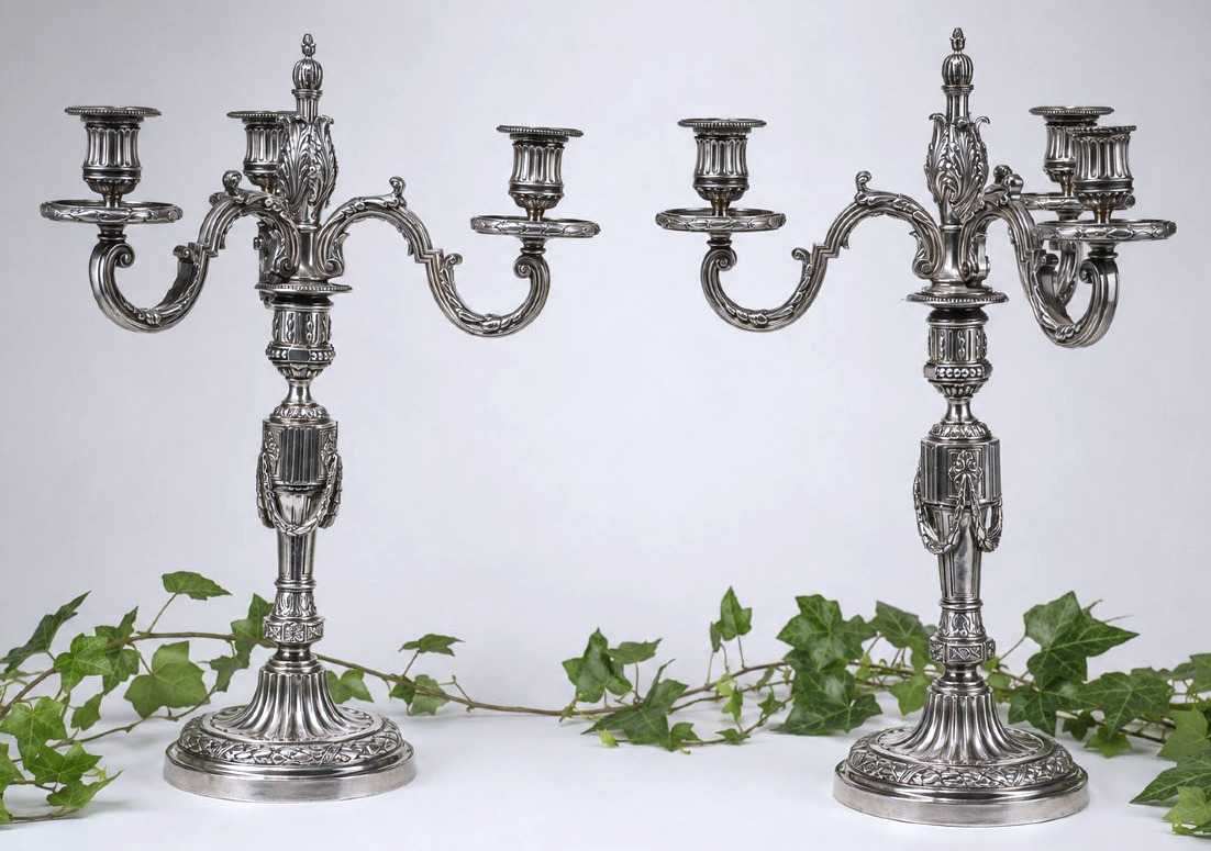 Paire De Candelabres / Chandeliers A Systeme , Bronze Argenté Louis XVI Napoléon iii Flambeaux-photo-2