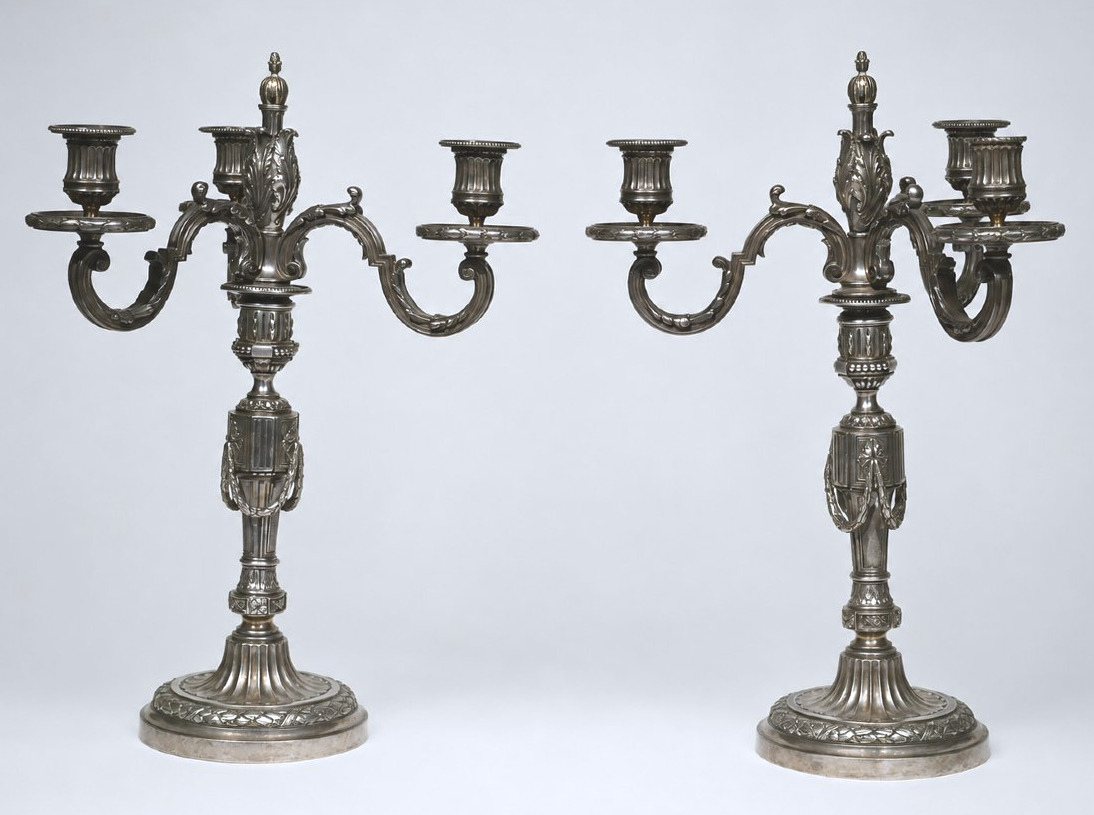 Paire De Candelabres / Chandeliers A Systeme , Bronze Argenté Louis XVI Napoléon iii Flambeaux-photo-3