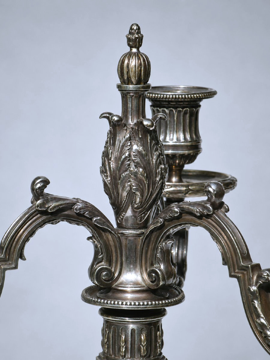 Paire De Candelabres / Chandeliers A Systeme , Bronze Argenté Louis XVI Napoléon iii Flambeaux-photo-4