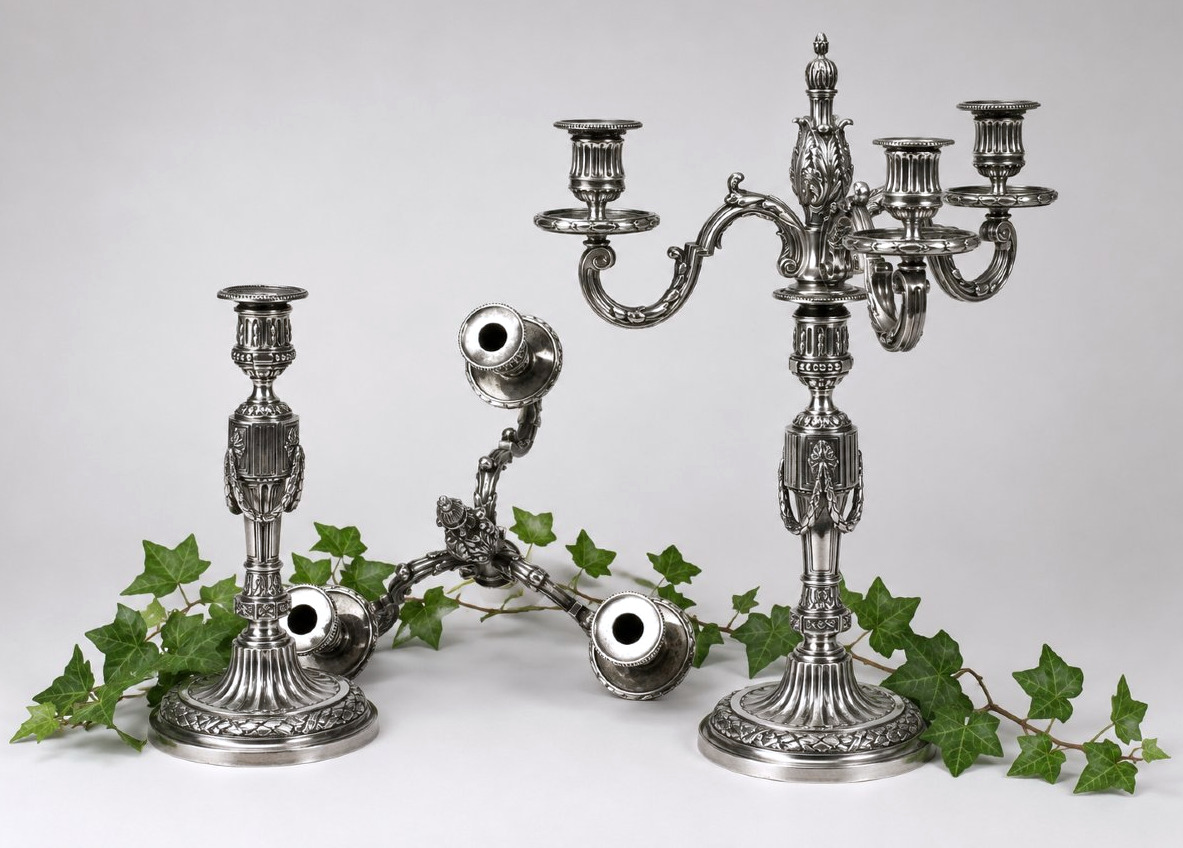Paire De Candelabres / Chandeliers A Systeme , Bronze Argenté Louis XVI Napoléon iii Flambeaux