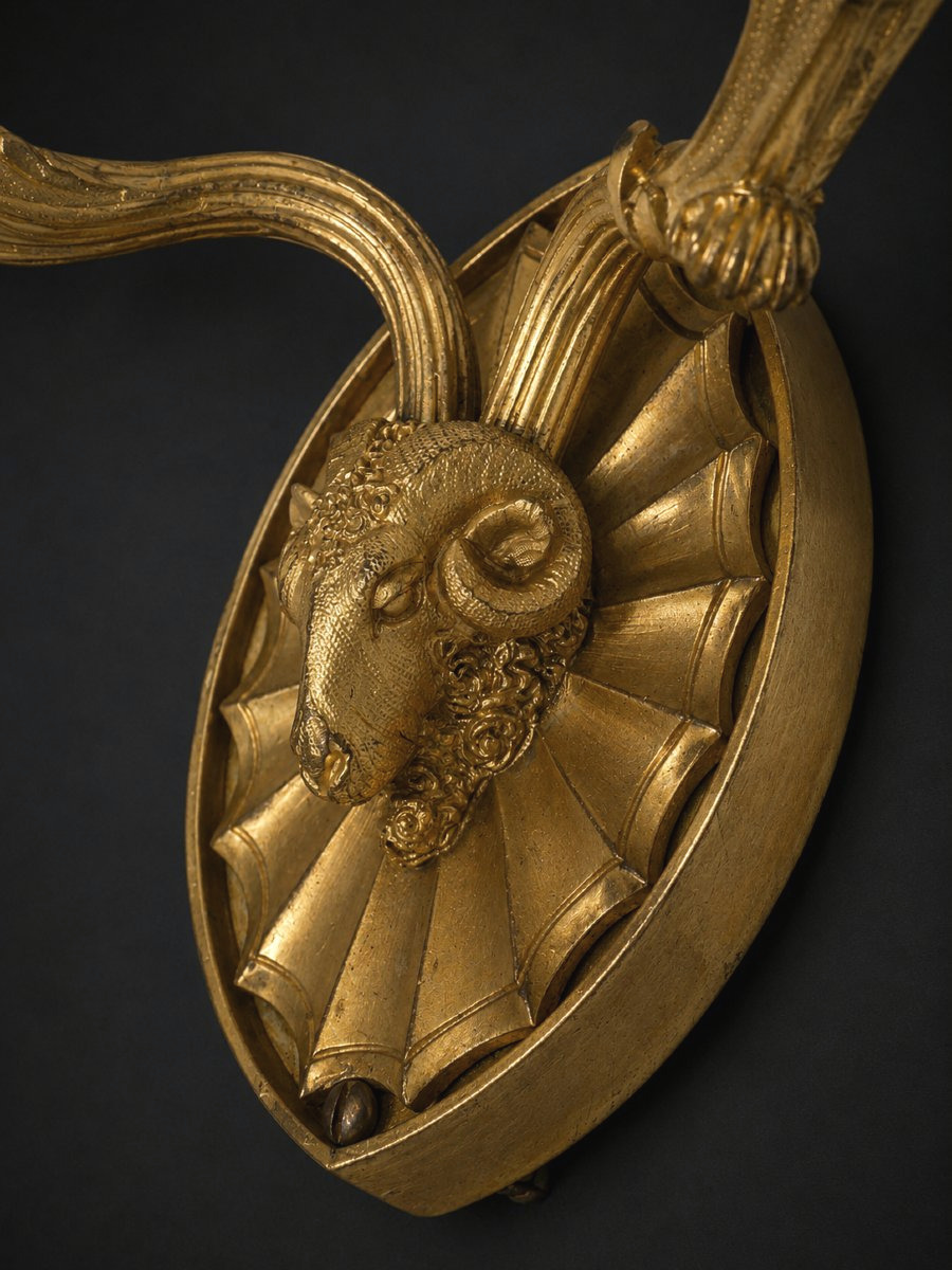 Paire d'appliques En Bronze Doré , Décor de Belier , Style Louis XVI , XIXe  , Deux bras -photo-3