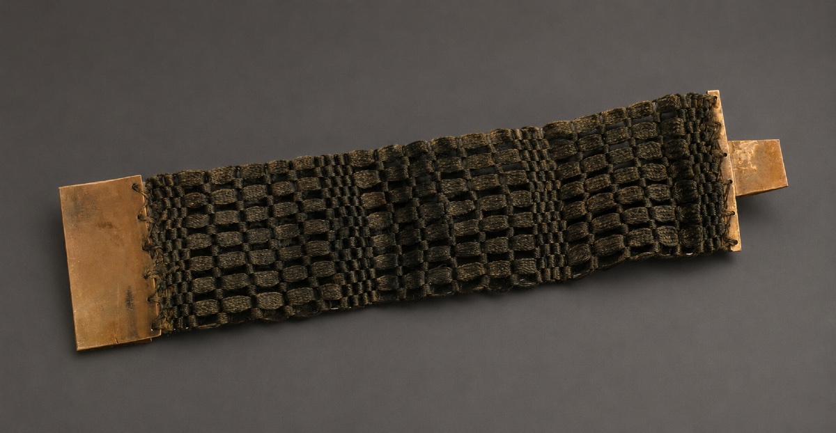 BRACELET MANCHETTE EPOQUE NAPOLEON III , SOUVENIR MARQUETERIE DE CHEVEUX POMPONNE BIJOU XIXE-photo-1