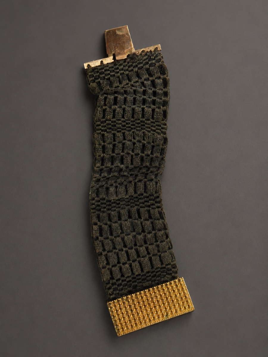BRACELET MANCHETTE EPOQUE NAPOLEON III , SOUVENIR MARQUETERIE DE CHEVEUX POMPONNE BIJOU XIXE-photo-2