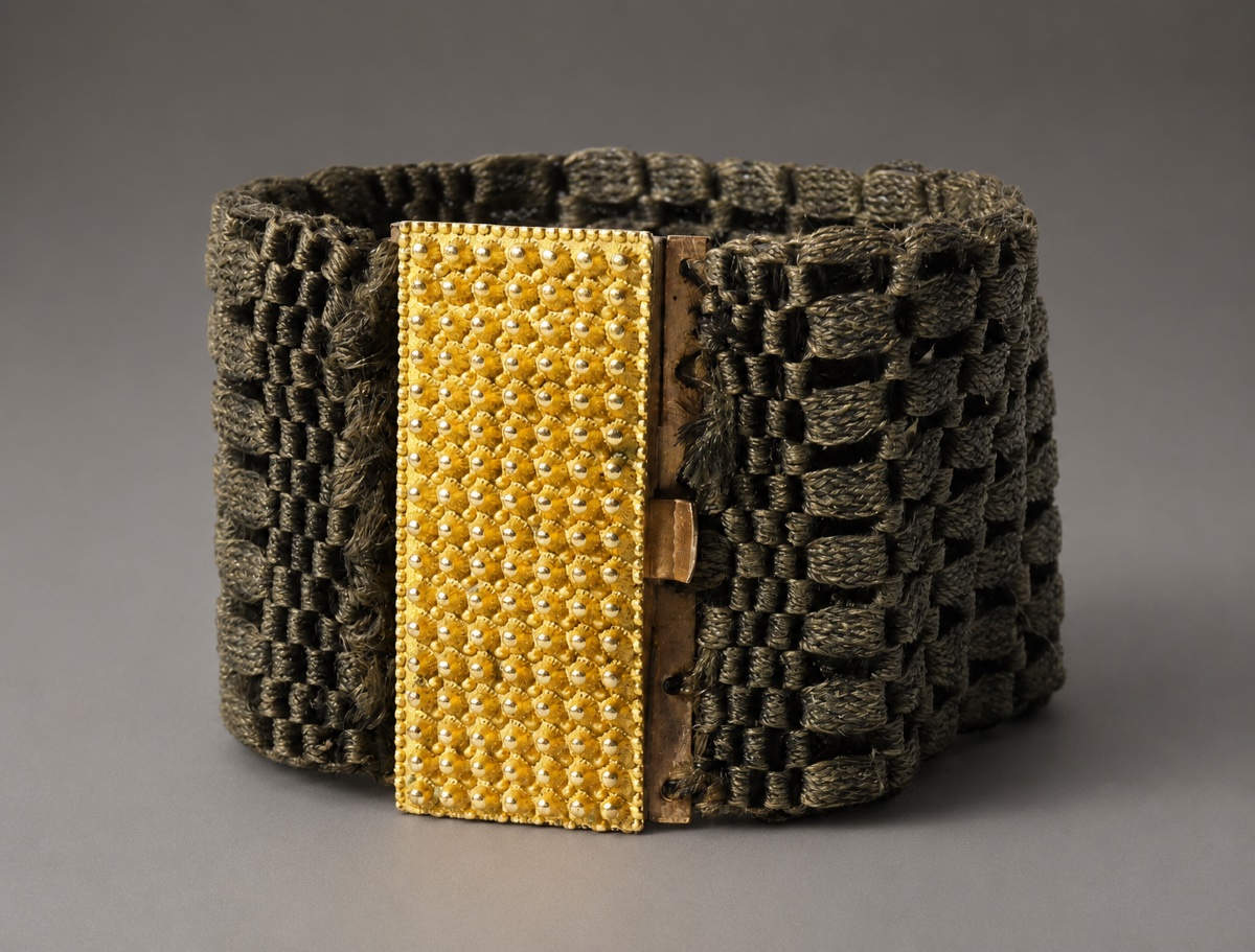 BRACELET MANCHETTE EPOQUE NAPOLEON III , SOUVENIR MARQUETERIE DE CHEVEUX POMPONNE BIJOU XIXE