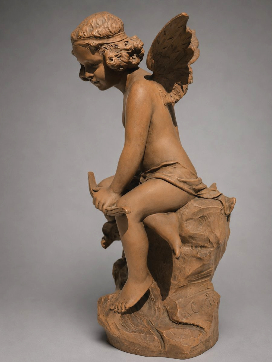 Terracotta Sculpture, Angel With A Quiver, Cupid, Signed A. Carli, 19th Century, Napoleon III -photo-3