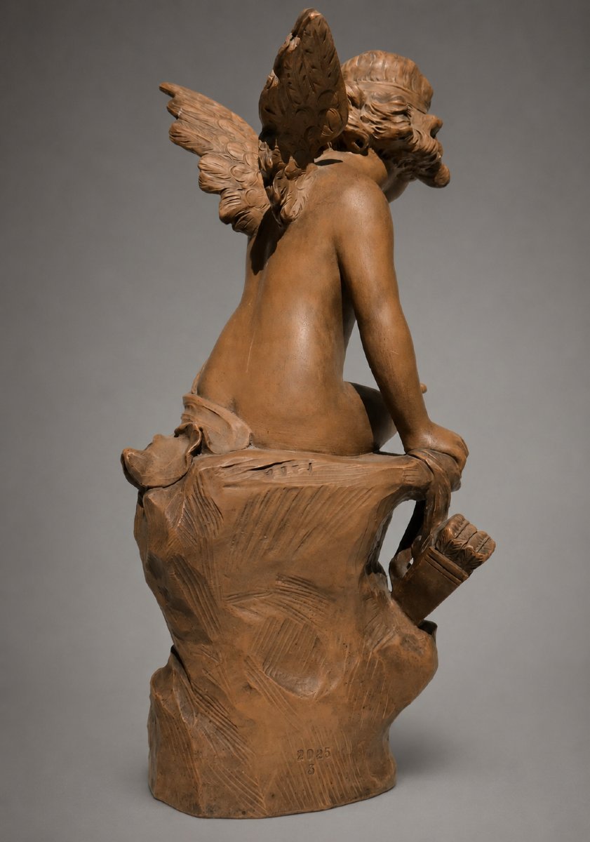Terracotta Sculpture, Angel With A Quiver, Cupid, Signed A. Carli, 19th Century, Napoleon III -photo-3