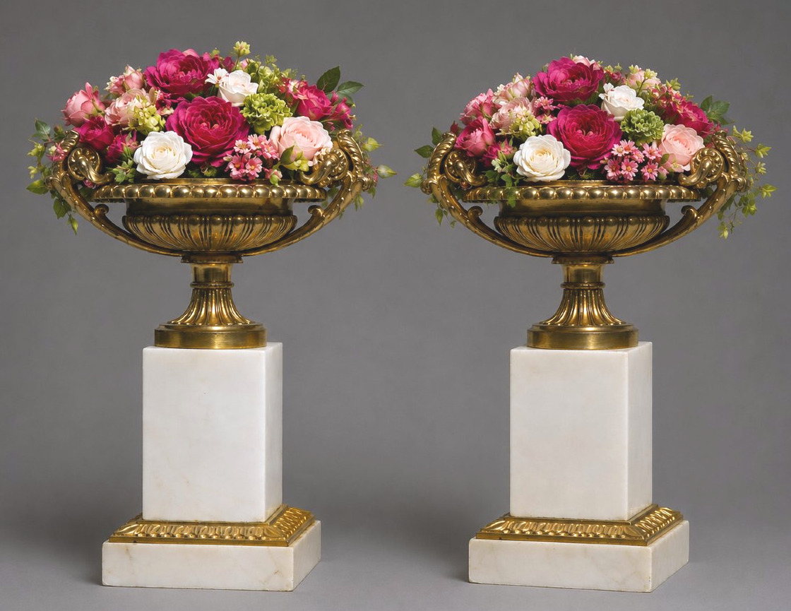 Paire de coupes Tazza en bronze doré & albâtre Style Empire , Epoque Napoléon III , Cassolettes