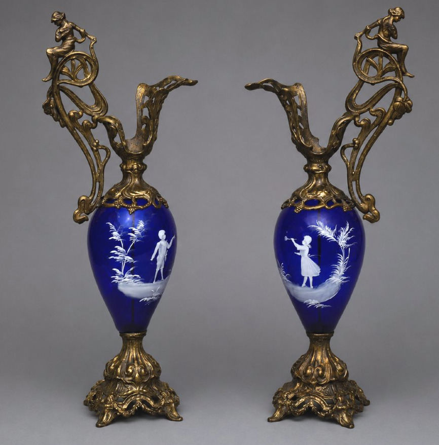 Important Pair Of Art Nouveau Cobalt-blue Glass Ewers With Mary Gregory Designs, 19th-century Vases