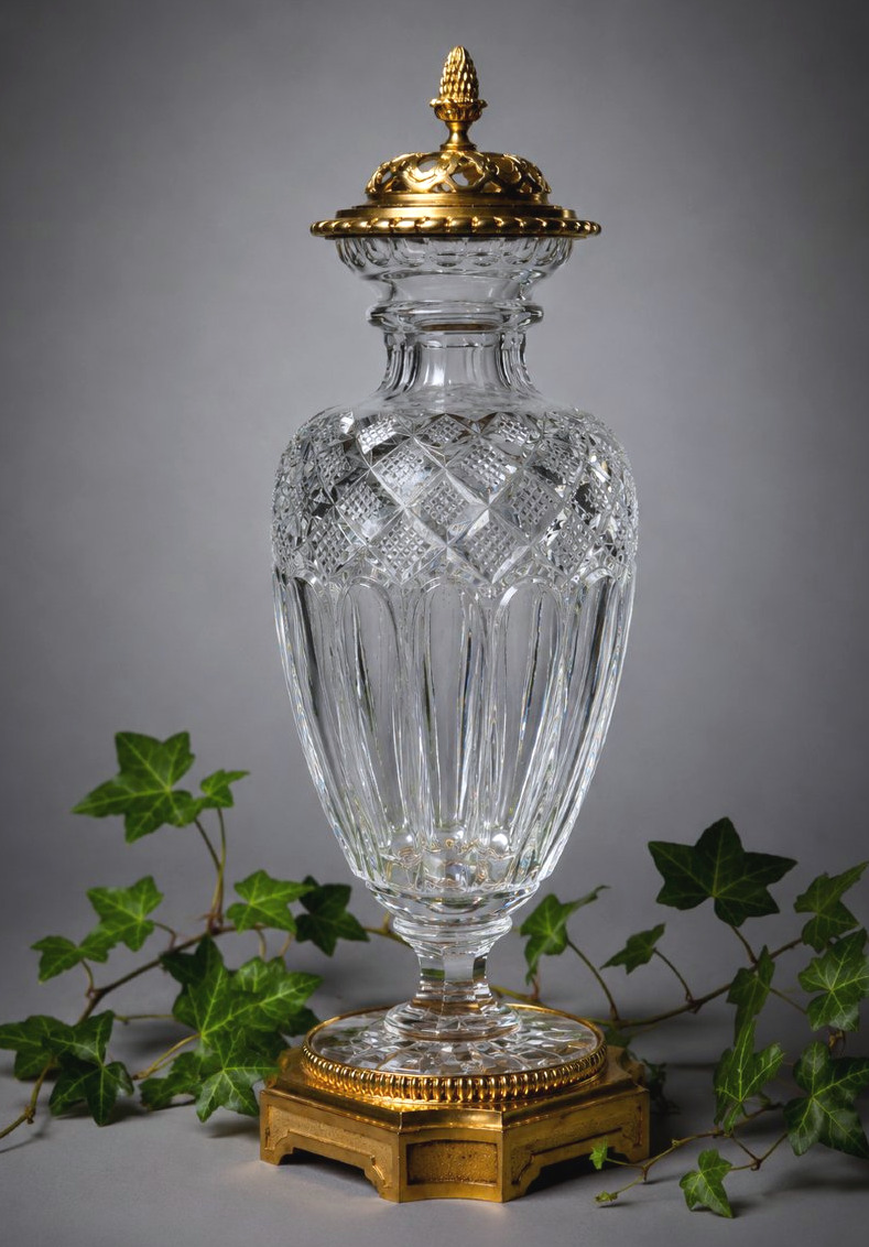 Large Scented Vase, 19th-century Baccarat Crystal, Charles X Period, 19th-century Gilded Bronze Base 