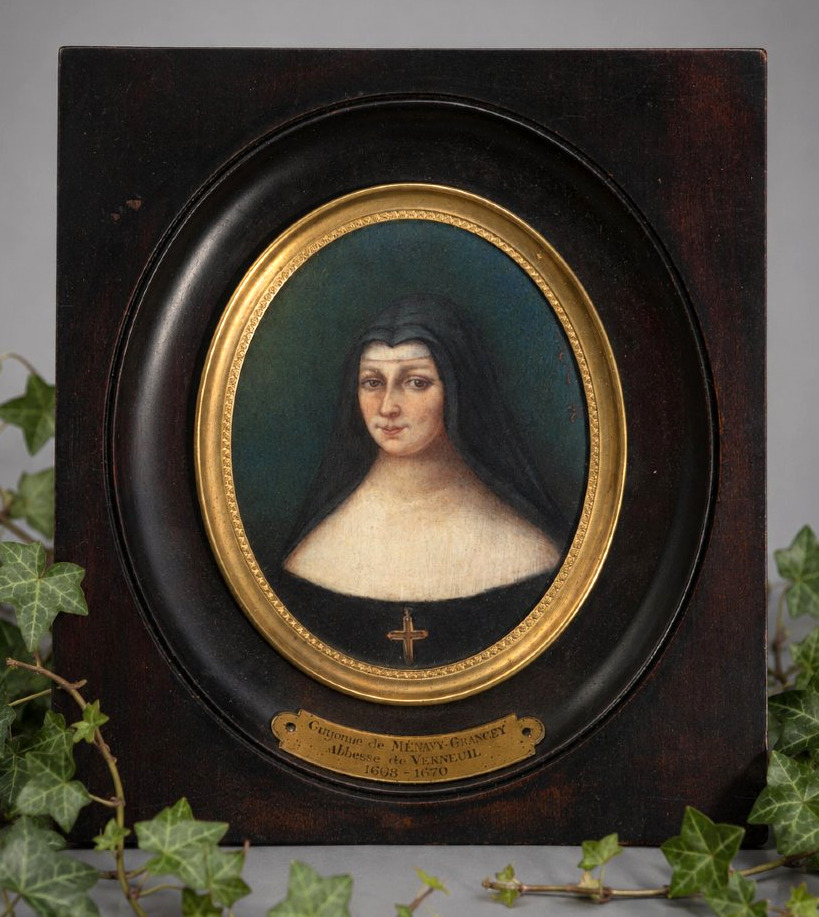 Large Watercolor, Miniature Portrait, 19th-century Nun, 17th-century Style, Abbess