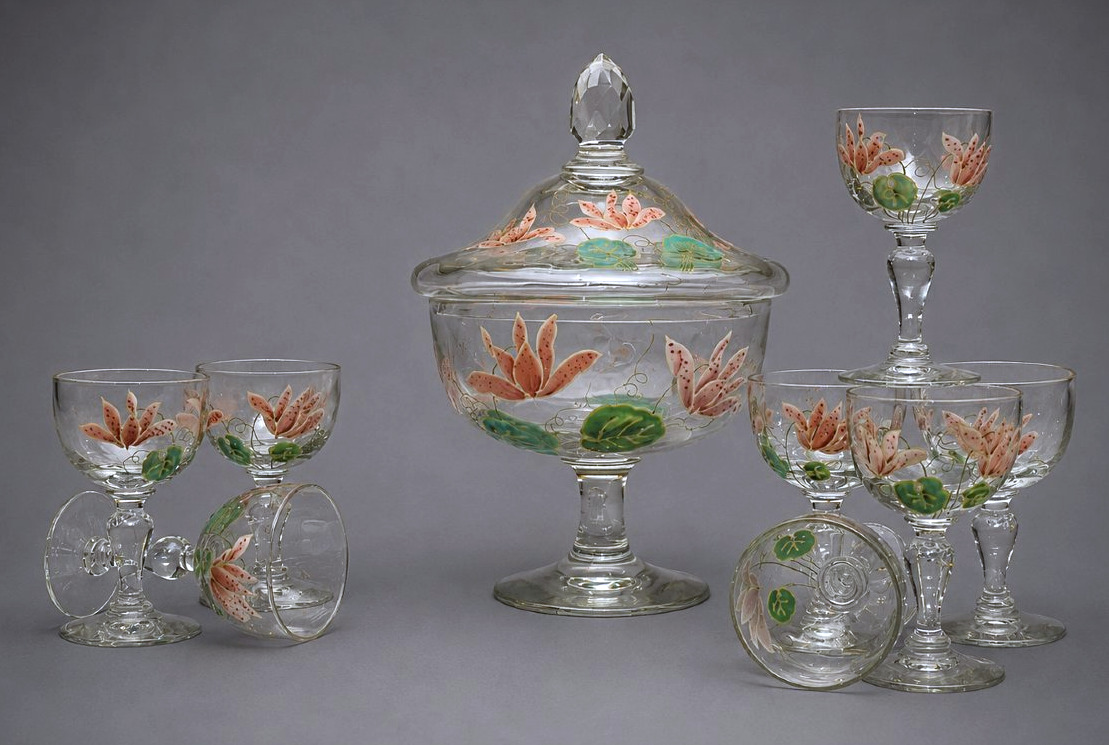 Service à Cerises , Epoque Art Nouveau , Verre Emaillé , Theodore Legras , XIXe , fleurs -photo-4