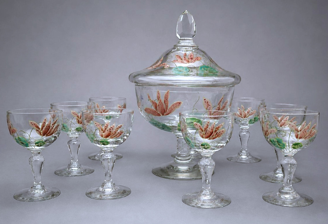 Service à Cerises , Epoque Art Nouveau , Verre Emaillé , Theodore Legras , XIXe , fleurs -photo-1