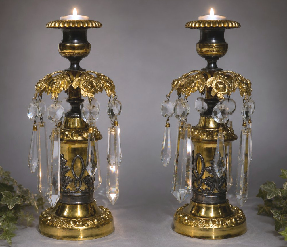 Paire De Bougeoirs Epoque Restauration , 1820 - 1830 , XIXe  , Bronze Doré & Argenté Chandelier-photo-3