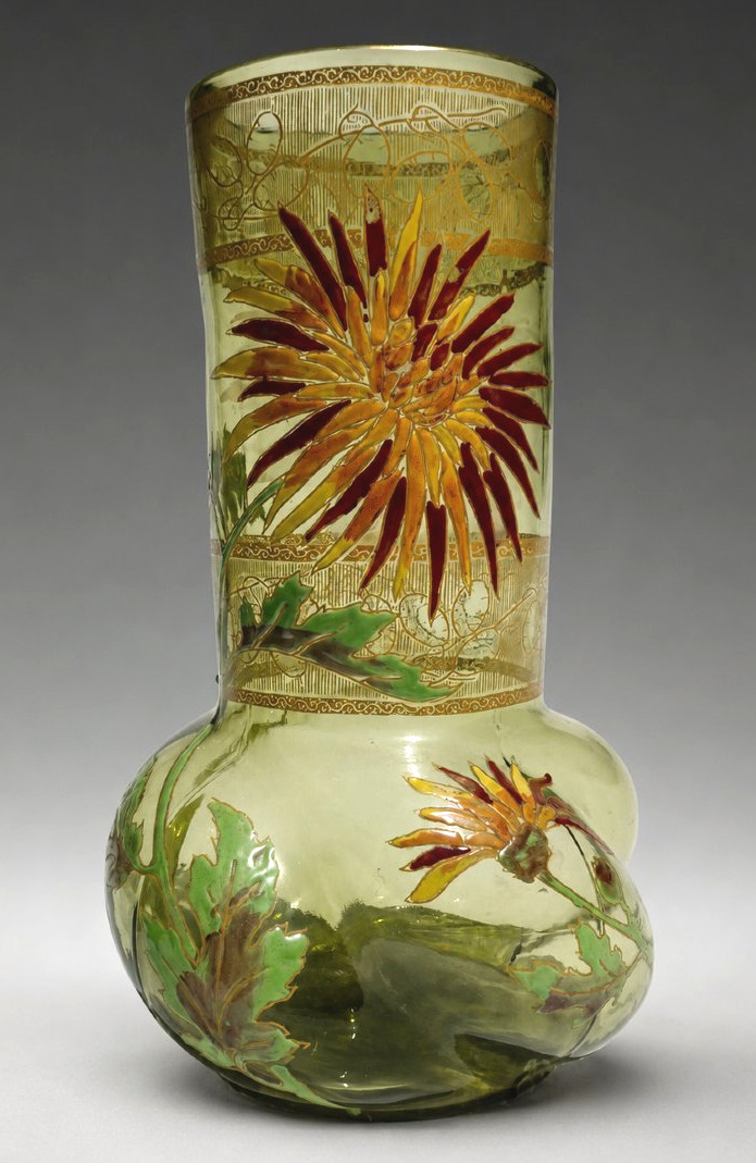 Vase en verre émaillé de Théodore Legras – Décor de chrysanthèmes – Art nouveau XIXe-photo-2