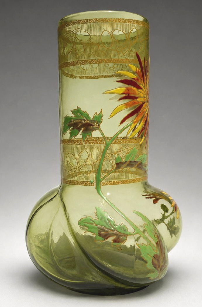 Vase en verre émaillé de Théodore Legras – Décor de chrysanthèmes – Art nouveau XIXe-photo-1