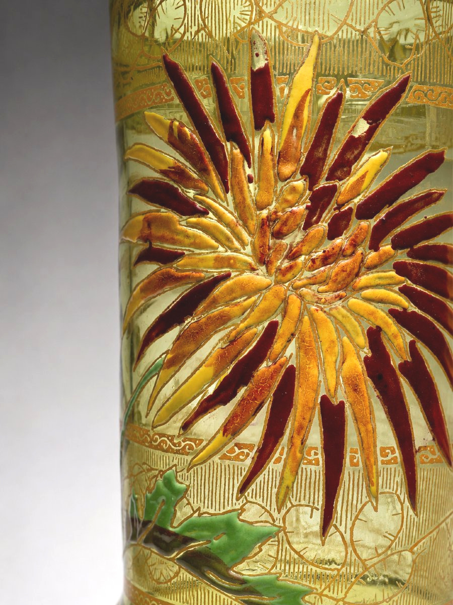 Vase en verre émaillé de Théodore Legras – Décor de chrysanthèmes – Art nouveau XIXe-photo-2