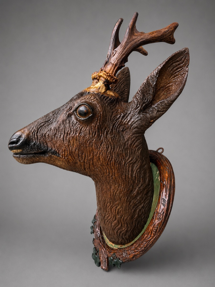 Trophée de Chevreuil en Bois Sculpté – Bois de Chevreuil Forêt Noire Chasse, Fin XIXe -photo-4