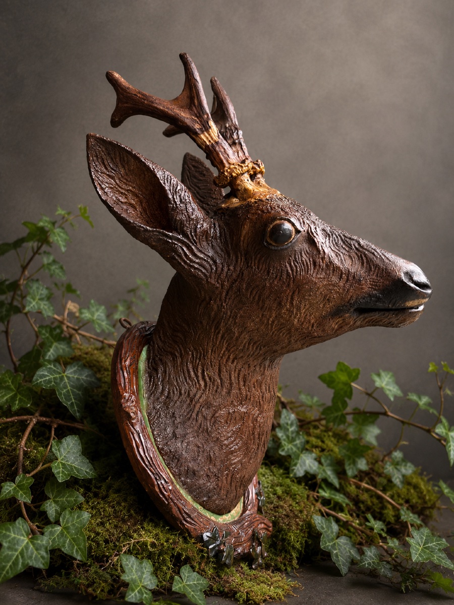 Trophée de Chevreuil en Bois Sculpté – Bois de Chevreuil Forêt Noire Chasse, Fin XIXe 