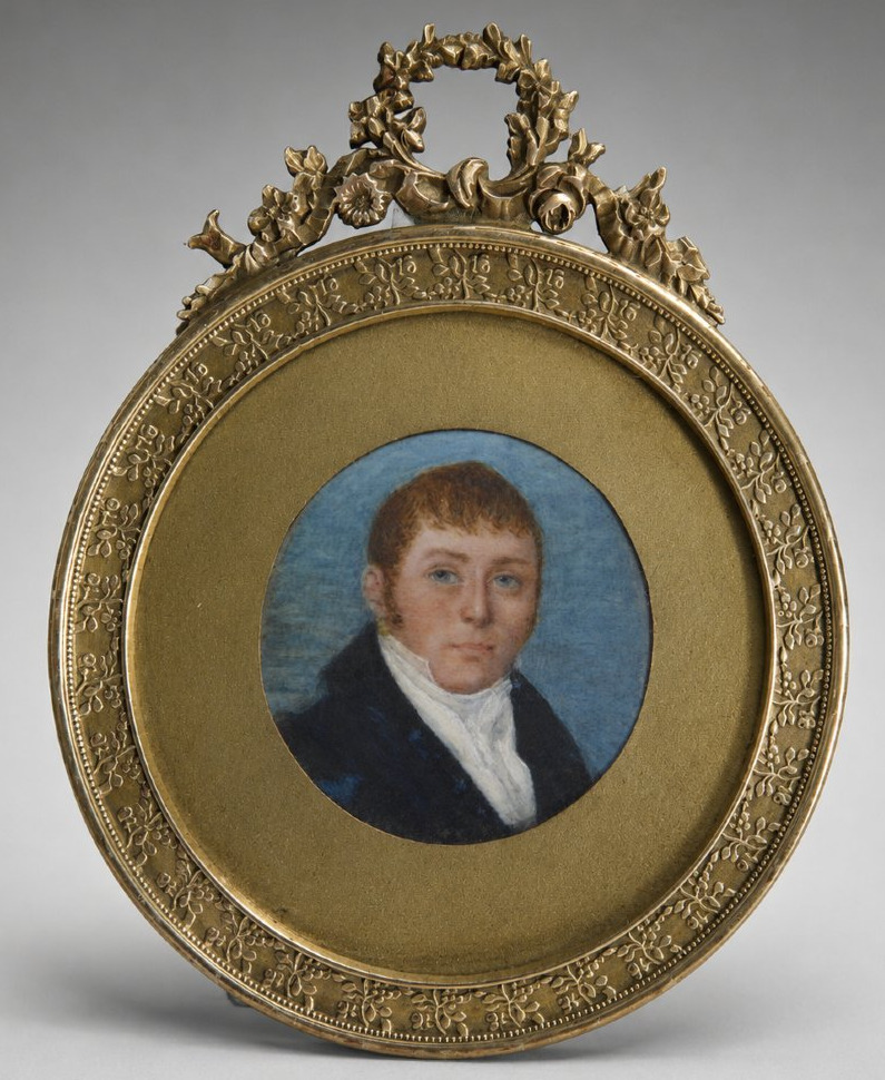 Portrait Miniature de Dandy Epoque Empire , Jeune Homme , Aquarelle , Cadre Louis XVI XIXe 1810
