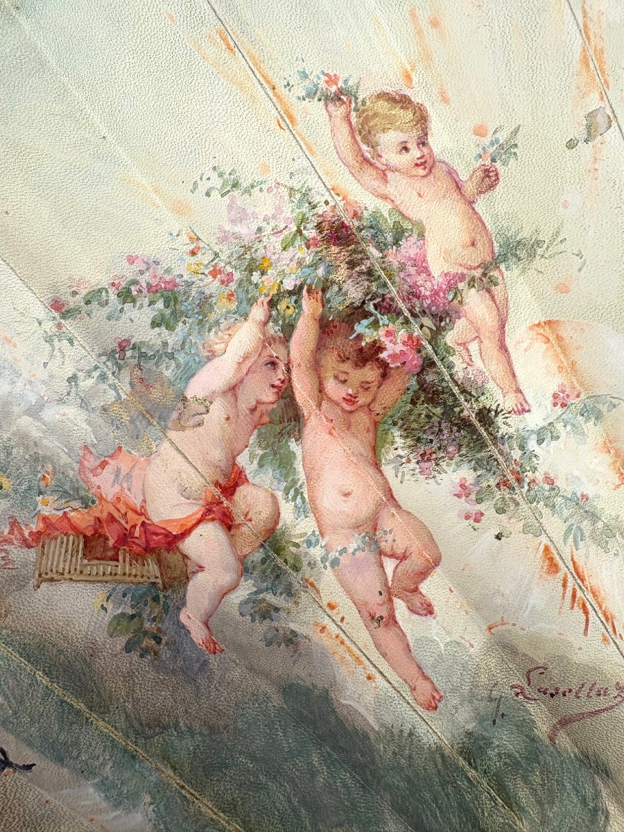  Eventail de la Maison Duvelleroy, feuille signée Gustave Lasselaz – Nacre sculptée 1890 Paris-photo-3