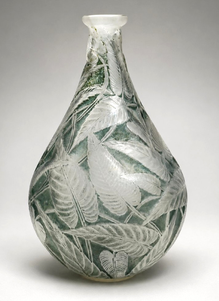Art Deco Vase, Signed René Lalique, Blue Patina, Sage Leaves, 1924, -photo-4