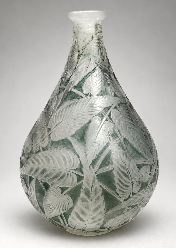 Art Deco Vase, Signed René Lalique, Blue Patina, Sage Leaves, 1924, -photo-3
