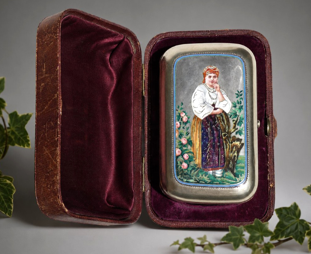 Imperial Russian Box, Solid Silver, Enamel, And Painted Miniature By Ivan Khlebnikov, 1874, 19th Century