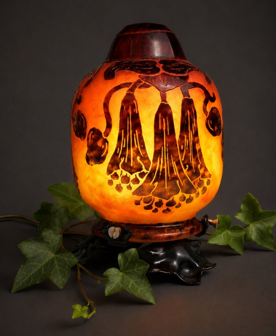 Lampe veilleuse « Le Verre Français » Décor de fleurs de digitale Pâte de verre Art Nouveau