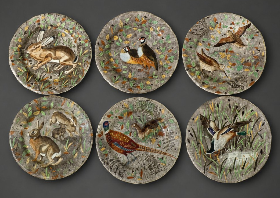 Rambouillet Tableware Set  Gien Pottery: 6 Plates & 1 Serving Dish, Hunting Motif -photo-2
