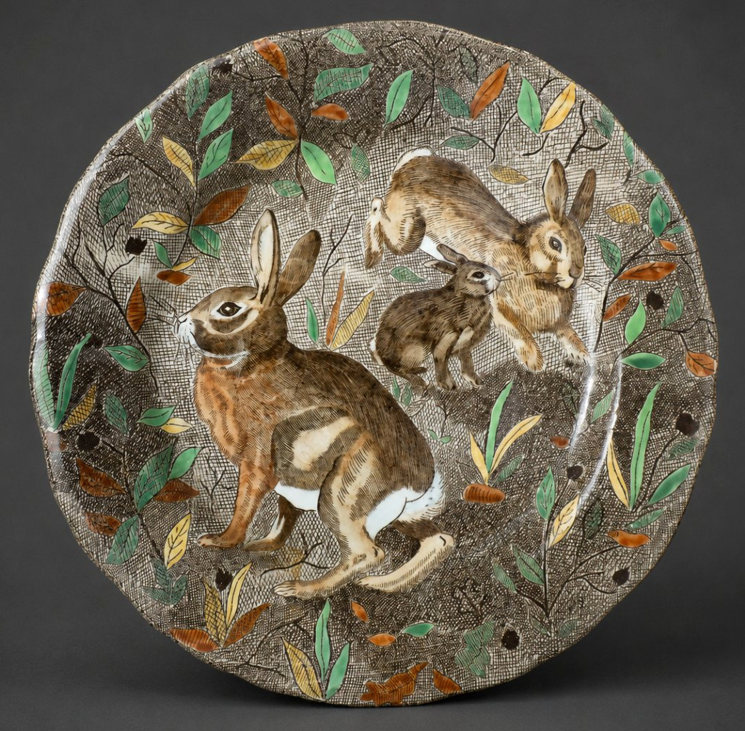 Rambouillet Tableware Set  Gien Pottery: 6 Plates & 1 Serving Dish, Hunting Motif -photo-3