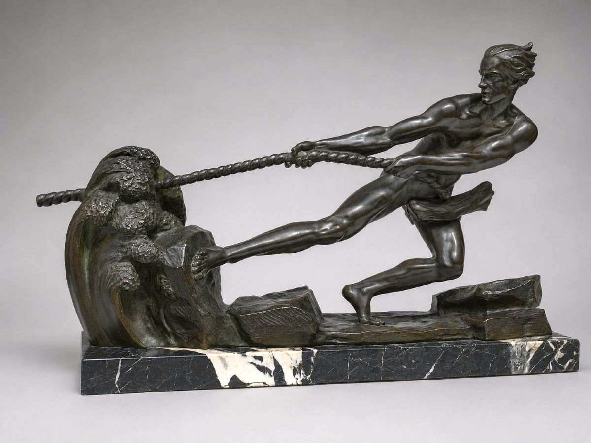 Art Deco Bronze Sculpture  "the Battle Against The Wave"  Signed By Ouline, Cast By Patrouilleau-photo-3