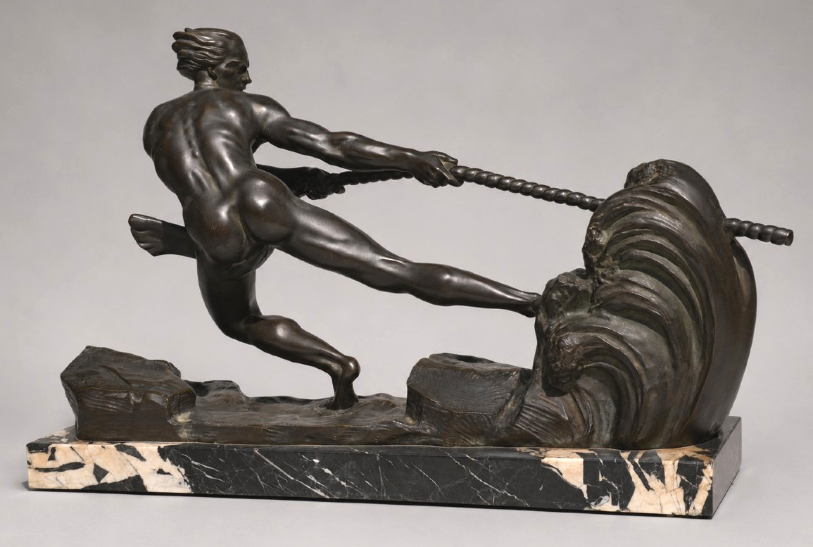 Art Deco Bronze Sculpture  "the Battle Against The Wave"  Signed By Ouline, Cast By Patrouilleau-photo-4
