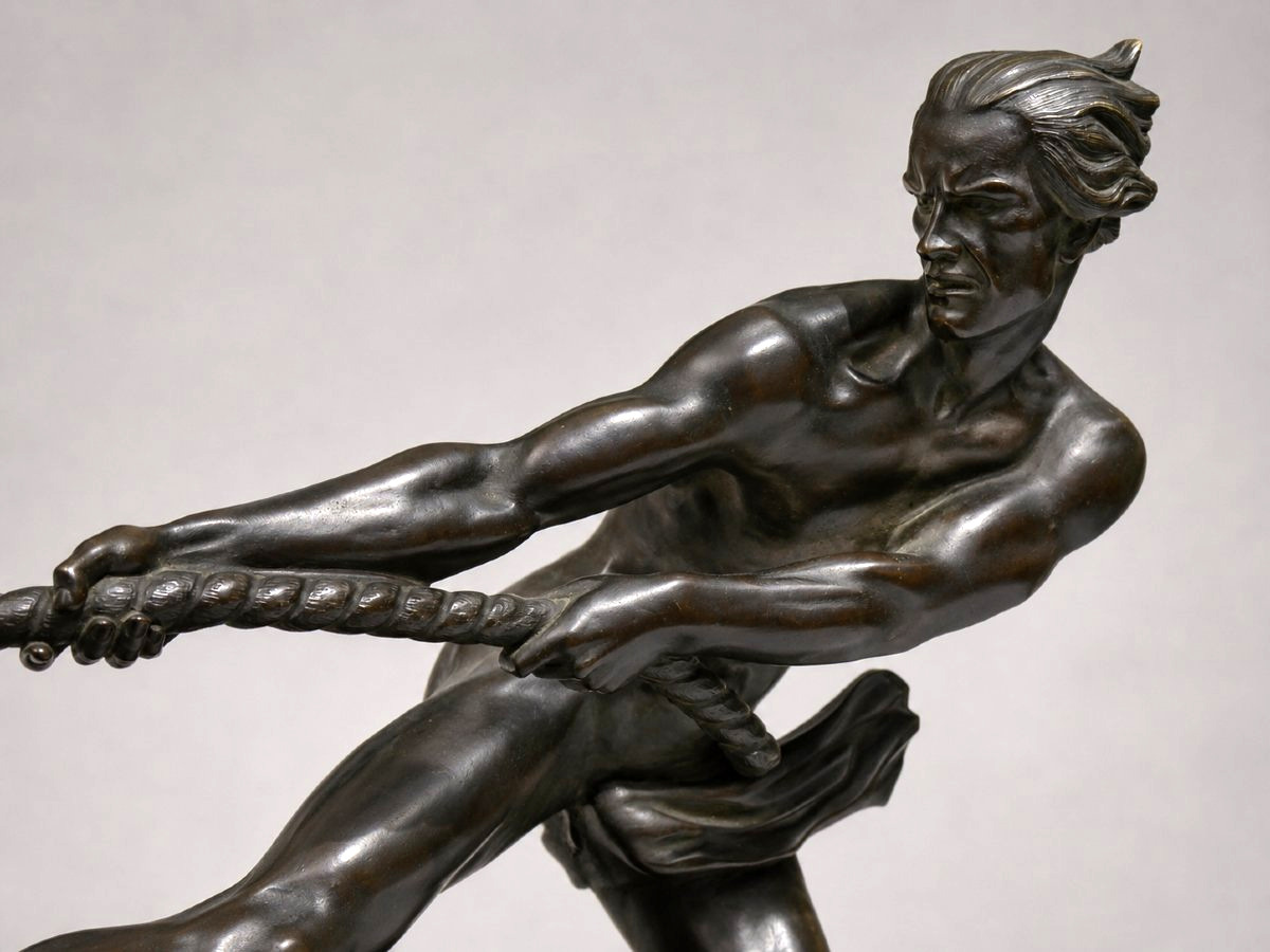 Art Deco Bronze Sculpture  "the Battle Against The Wave"  Signed By Ouline, Cast By Patrouilleau-photo-1