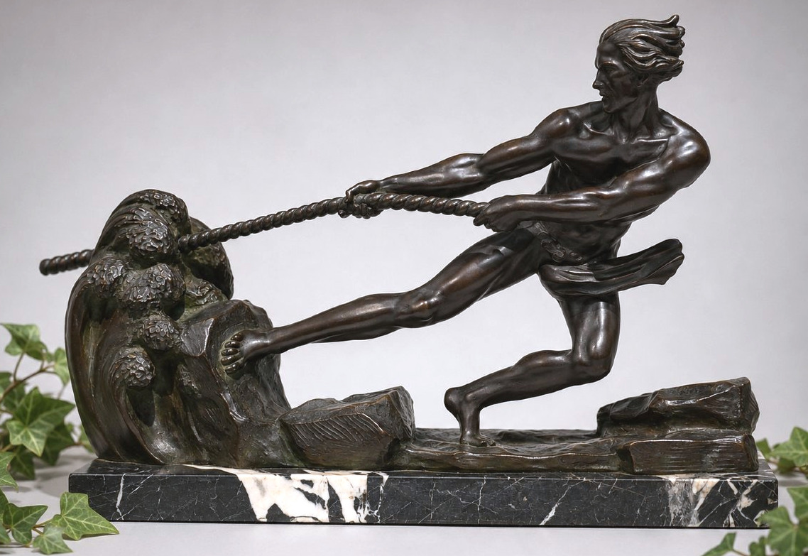 Art Deco Bronze Sculpture  "the Battle Against The Wave"  Signed By Ouline, Cast By Patrouilleau