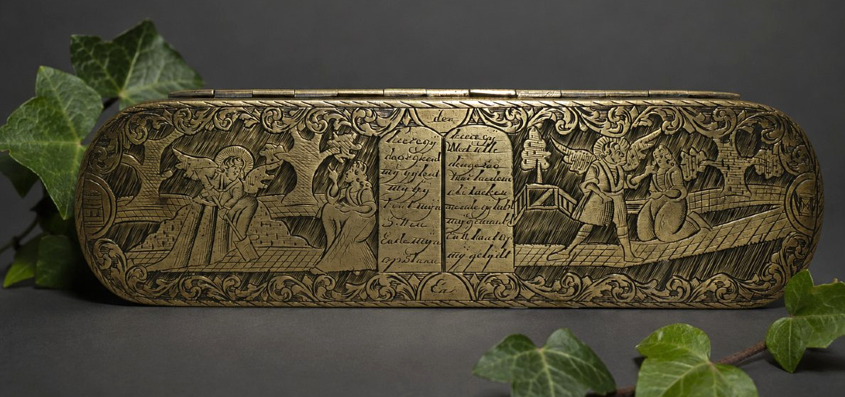 Tabatière hollandaise en Laiton Gravé Décor biblique – XVIIIᵉ  , Boite à Tabac 1720
